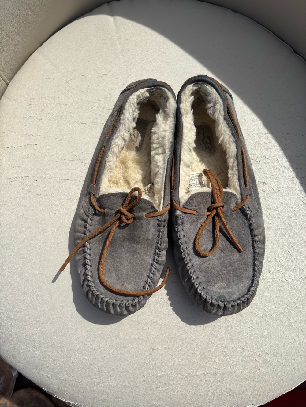 UGG Women's Gray Suede Shearling Moccasins with Brown Laces